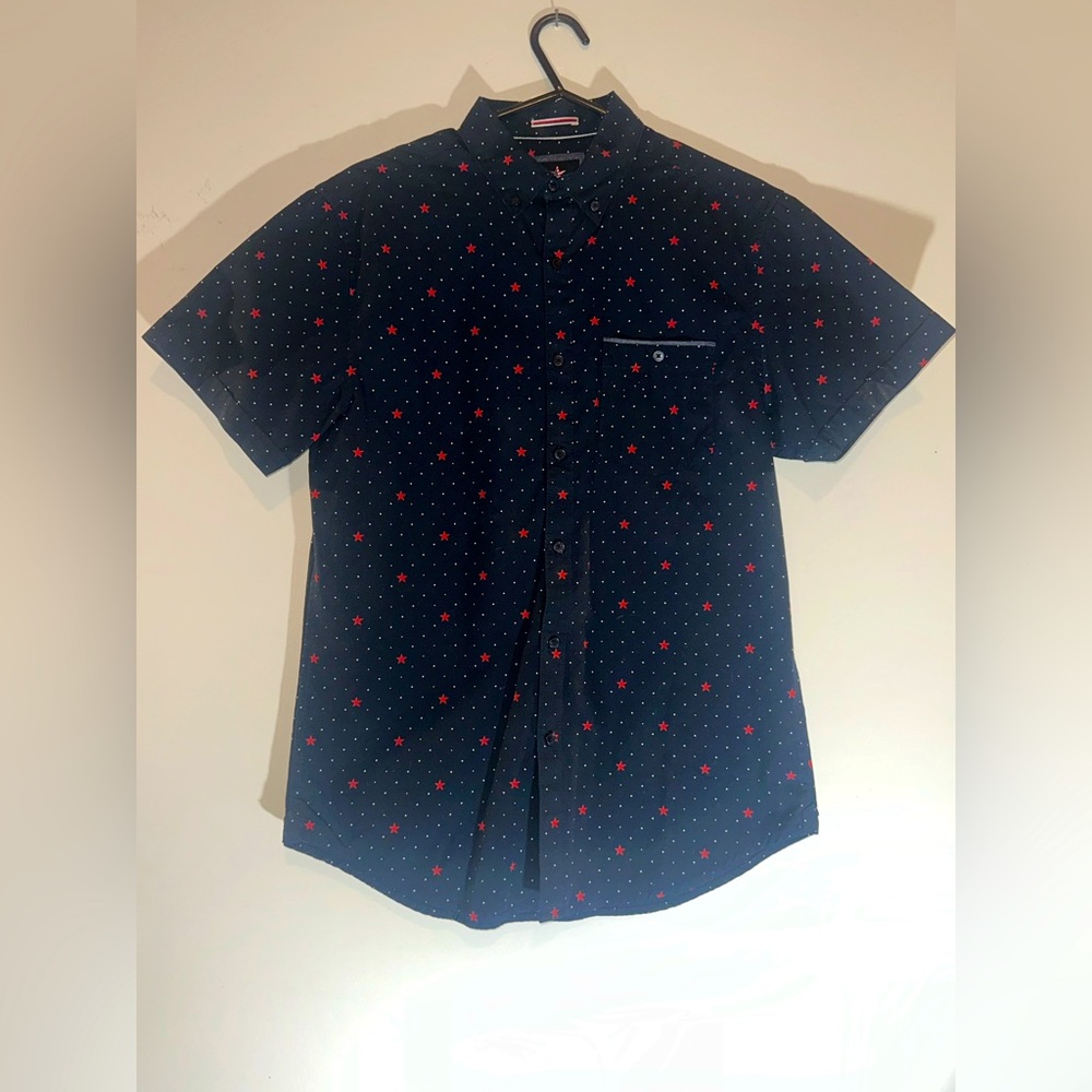 Denim & Flower Button-Down Shirt. Dark Blue with Red Stars & White Dots. Size S.